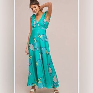 Anthropologie Anupamaa Summer School Fish Turquoise Silk Maxi Dress, size 0